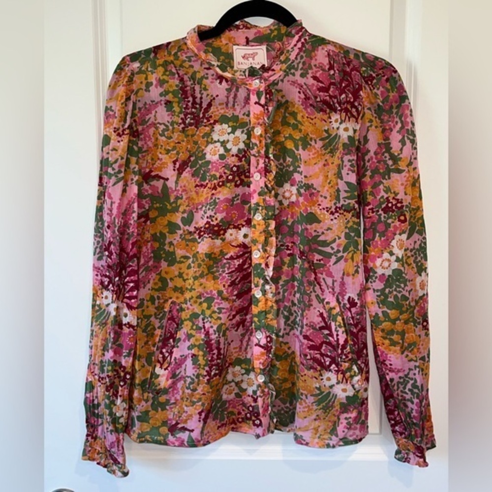 Banjanan Floral Button Front Blouse Sz. XS Long Sleeve Pockets Boho Feminine